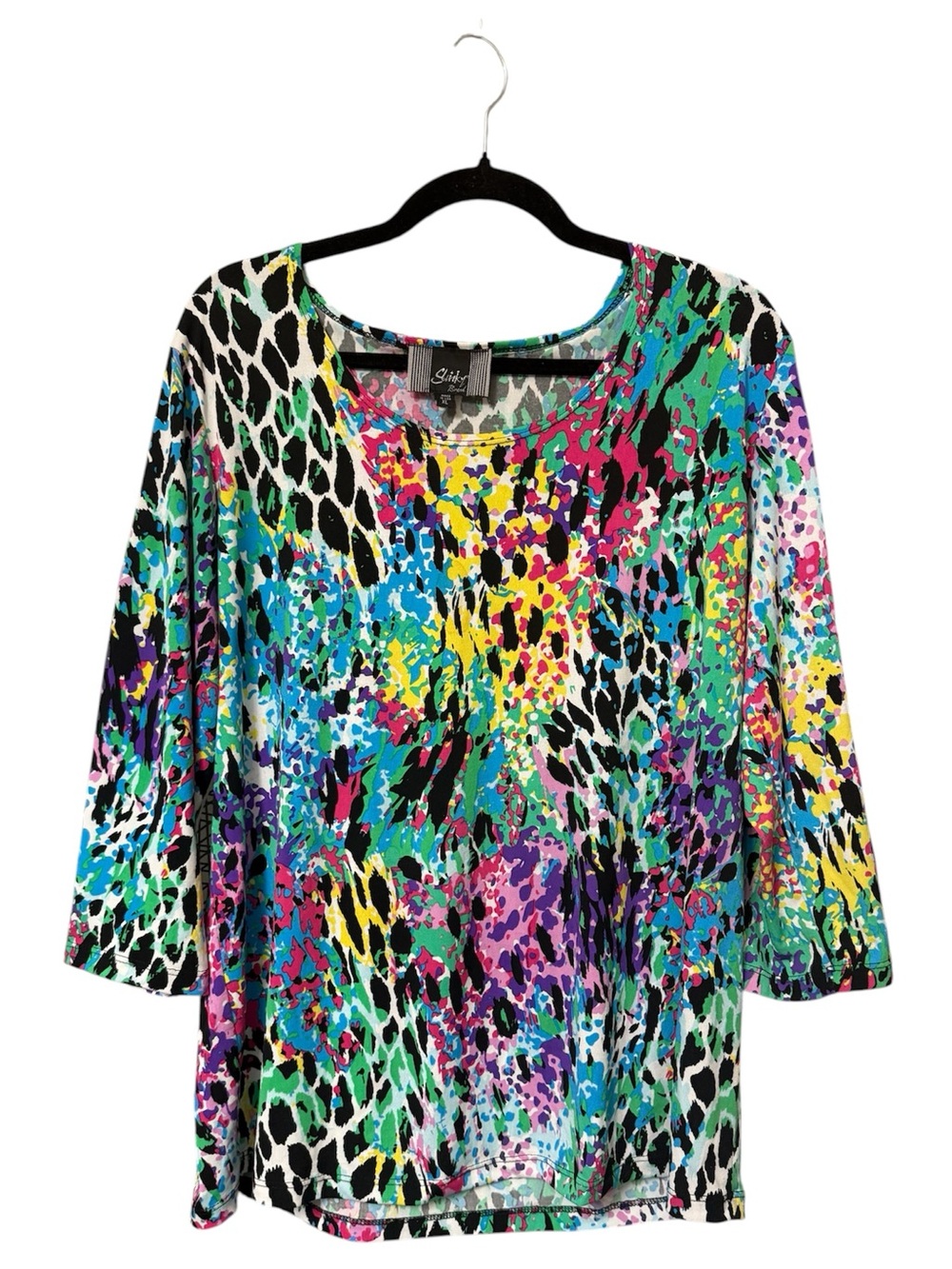 Slinky Bramd Vibrant Multicolor Animal Print Scoop Neck Top 3/4 Sleeve Size XL